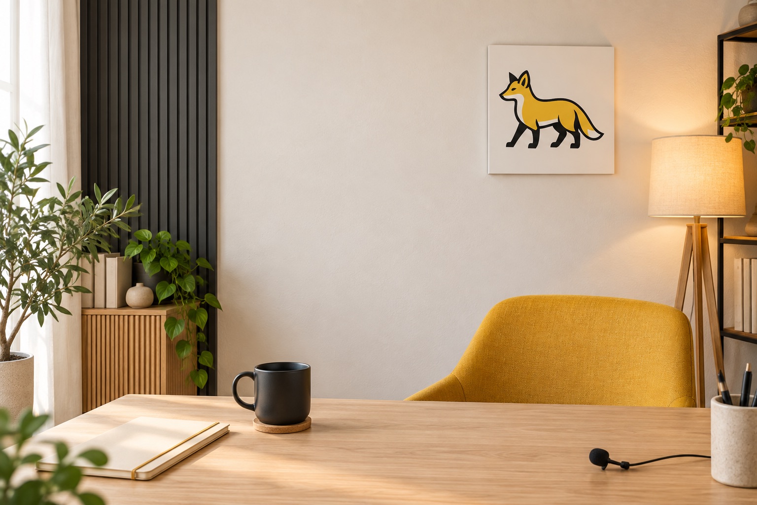 Un espace chaleureux aux couleurs Golden Fox, avec un fauteuil jaune et le renard de la marque